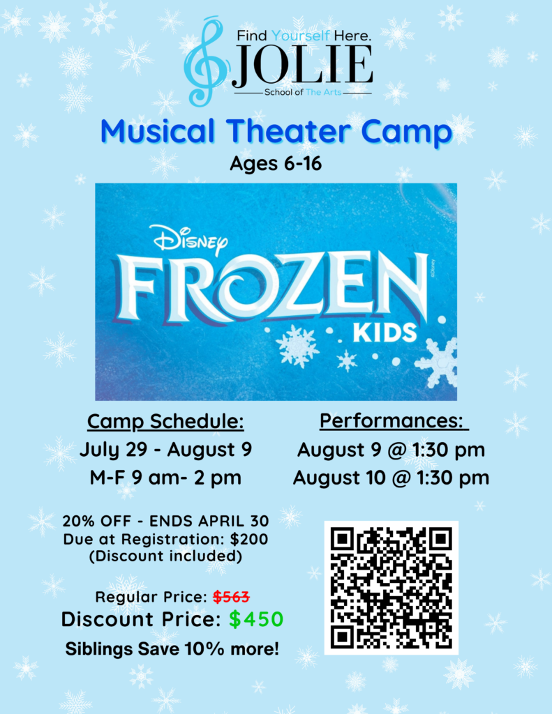 Musical Theater Summer Camp for kids starting this July, 2024. Camp features Disney's Frozen themed activities for kids!