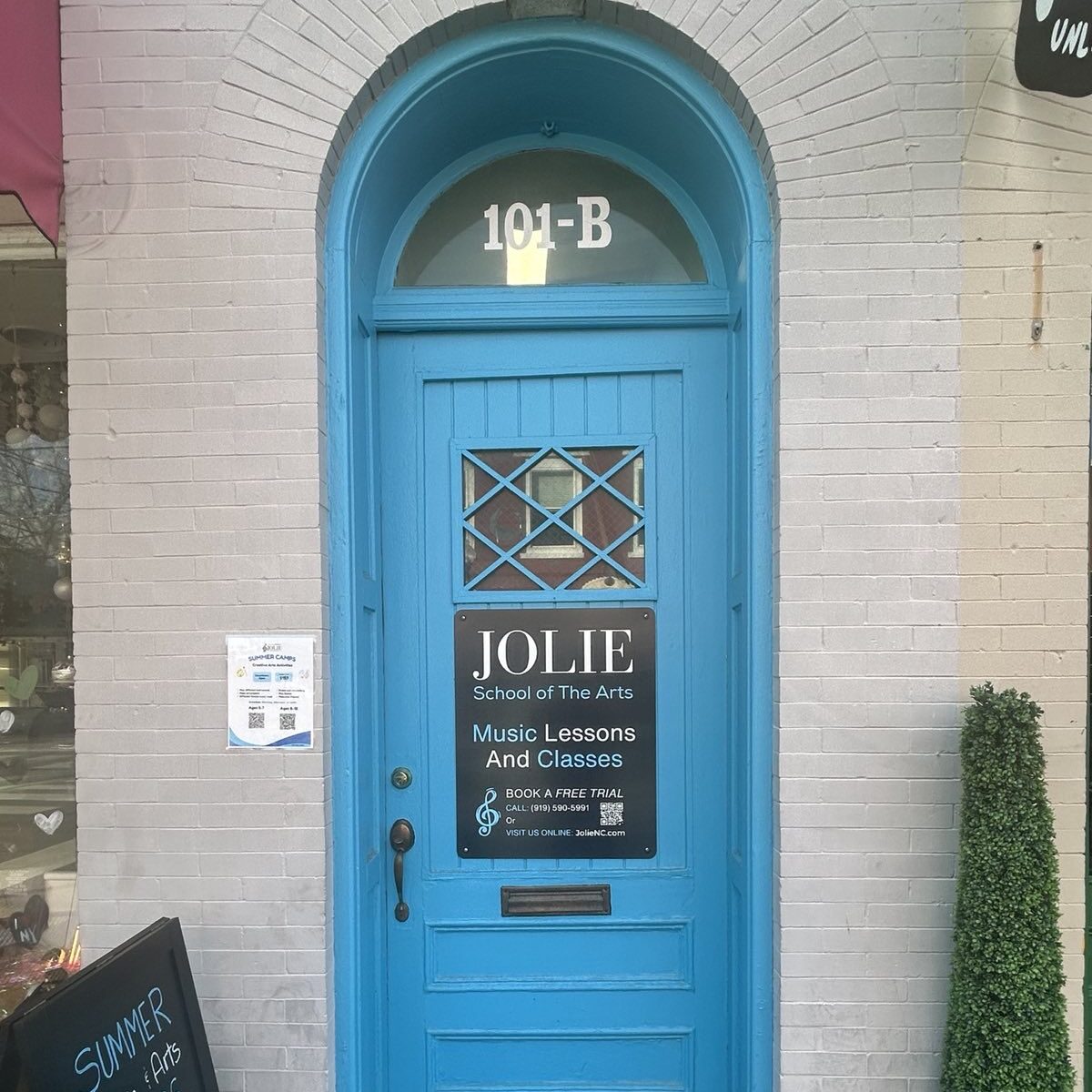 The Big Blue Door! This is our iconic and instantly recognizable front entrance to Jolie School of The Arts, located on North Salem St. in Downtown Apex.